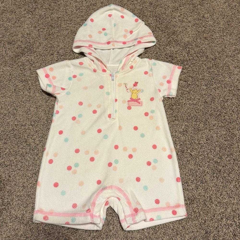 Disney Classic Pooh Hooded Terry Romper Cover Up 3-6 Months Polka Dot - Picture 1 of 5